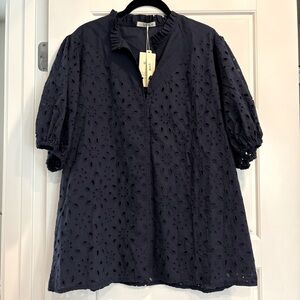 UVN Blue Eyelet Cotton Blouse Womens XL Teacher Modest Cottagecore Femine NWT